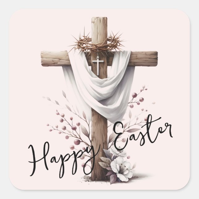 Sticker Carré Radiant Easter Cross with Floral Accents (Devant)