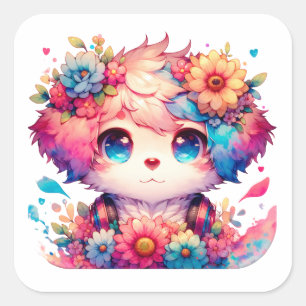 Sticker Carré Rainbow Anime Chiot Anniversaire Gâteau