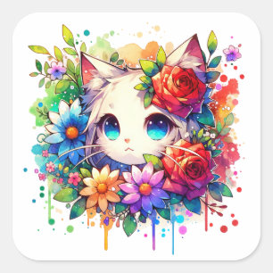 Sticker Carré Rainbow Anime Kitten Anniversaire