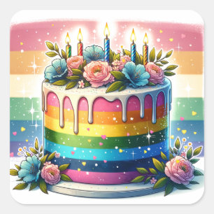 Sticker Carré Rainbow Cake Joyeux anniversaire