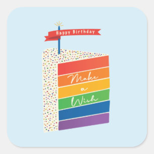 Sticker Carré Rainbow Cake Joyeux anniversaire Faire un voeu