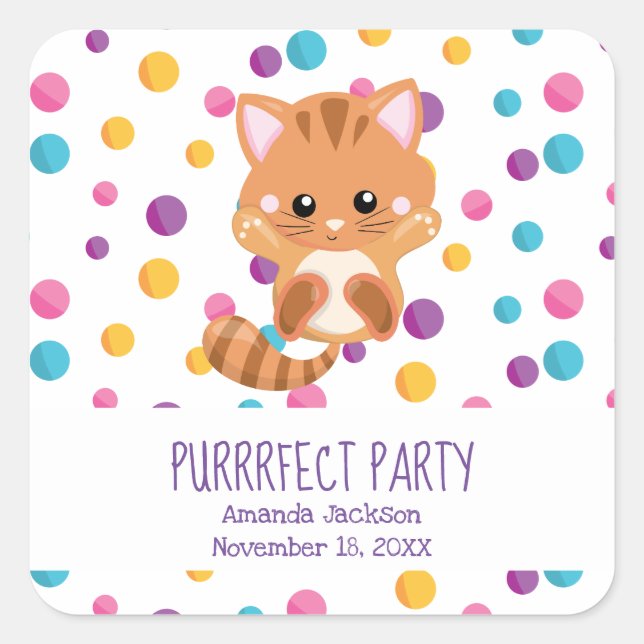 Sticker Carré Rainbow Confetti Cute Kitty Chat Anniversaire (Devant)