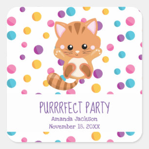 Sticker Carré Rainbow Confetti Cute Kitty Chat Anniversaire
