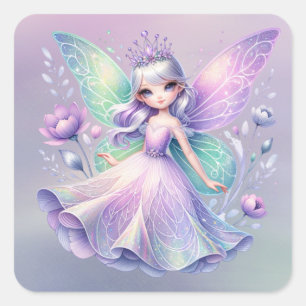 Sticker Carré Rainbow Fairy Princess avec Peony Floral Girl