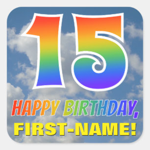 Sticker Carré Rainbow Look "15" & "HAPPY BANTHDAY", Nuages, Sky