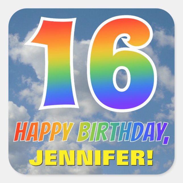 Sticker Carré Rainbow Look "16" & "HAPPY BANTHDAY", Nuages, Sky (Devant)