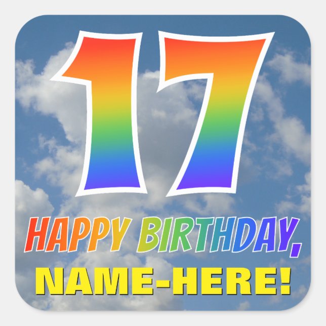 Sticker Carré Rainbow Look "17" & "HAPPY BANTHDAY", Nuages, Sky (Devant)
