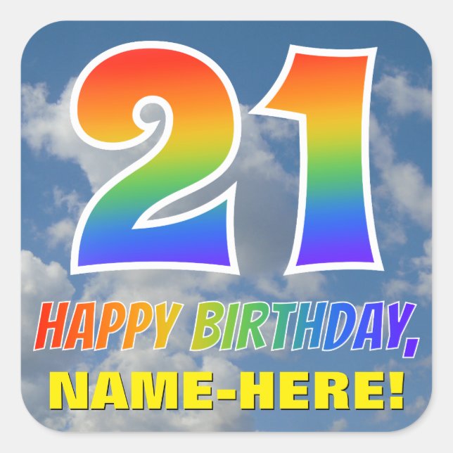 Sticker Carré Rainbow Look "21" & "HAPPY BANTHDAY", Nuages, Sky (Devant)