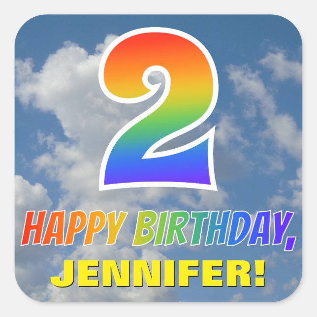 Sticker Carré Rainbow Look "2" & "HEUREUX ANNIVERSAIRE", Nuages, (Devant)