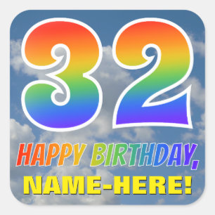 Sticker Carré Rainbow Look "32" & "HAPPY BANTHDAY", Nuages, Sky