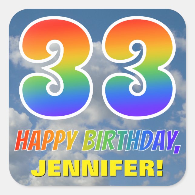 Sticker Carré Rainbow Look "33" & "HAPPY BANTHDAY", Nuages, Sky (Devant)