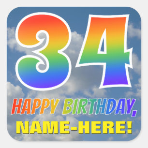Sticker Carré Rainbow Look "34" & "HAPPY BANTHDAY", Nuages, Sky