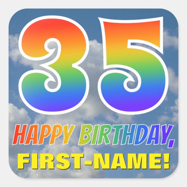 Sticker Carré Rainbow Look "35" & "HAPPY BANTHDAY", Nuages, Sky (Devant)