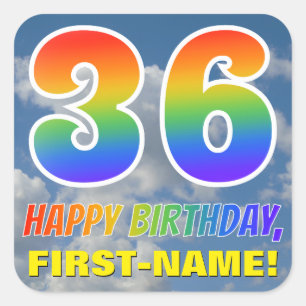 Sticker Carré Rainbow Look "36" & "HAPPY BANTHDAY", Nuages, Sky