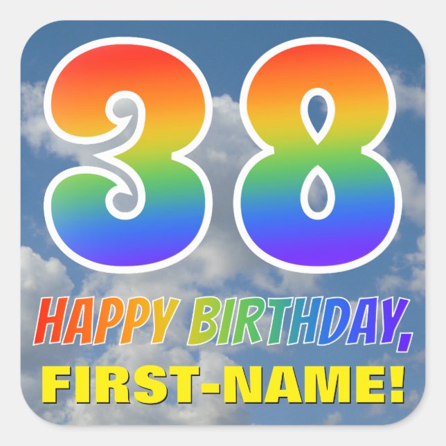 Sticker Carré Rainbow Look "38" & "HAPPY BANTHDAY", Nuages, Sky (Devant)