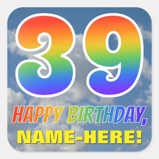Sticker Carré Rainbow Look "39" & "HAPPY BANTHDAY", Nuages, Sky (Devant)