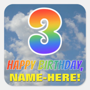 Sticker Carré Rainbow Look "3" & "HEUREUX ANNIVERSAIRE", Nuages,