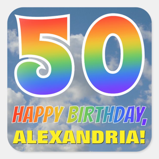 Sticker Carré Rainbow Look "50" & "HAPPY BANTHDAY", Nuages, Sky (Devant)