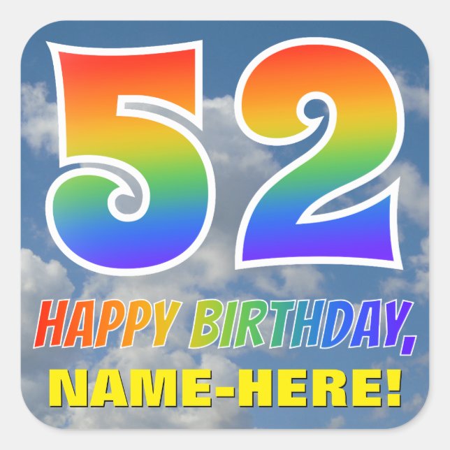 Sticker Carré Rainbow Look "52" & "HAPPY BANTHDAY", Nuages, Sky (Devant)