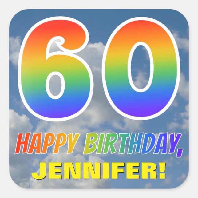 Sticker Carré Rainbow Look "60" & "HAPPY BANTHDAY", Nuages, Sky (Devant)