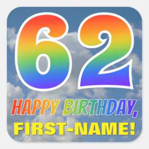 Sticker Carré Rainbow Look "62" & "HAPPY BANTHDAY", Nuages, Sky
