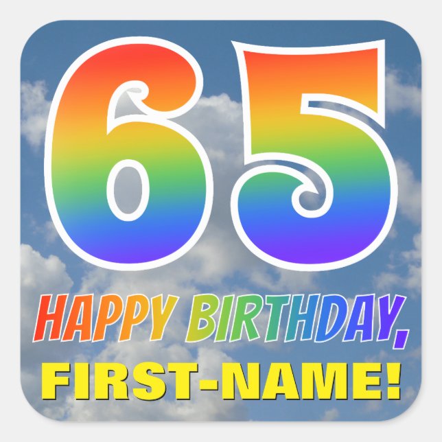 Sticker Carré Rainbow Look "65" & "HAPPY BANTHDAY", Nuages, Sky (Devant)