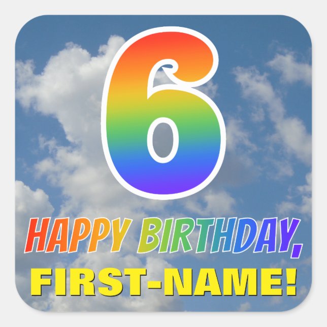 Sticker Carré Rainbow Look "6" & "HEUREUX ANNIVERSAIRE", Nuages, (Devant)