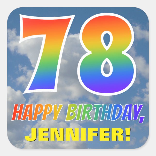 Sticker Carré Rainbow Look "78" & "HAPPY BANTHDAY", Nuages, Sky (Devant)