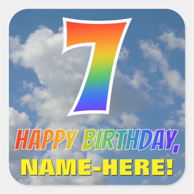 Sticker Carré Rainbow Look "7" & "HEUREUX ANNIVERSAIRE", Nuages, (Devant)