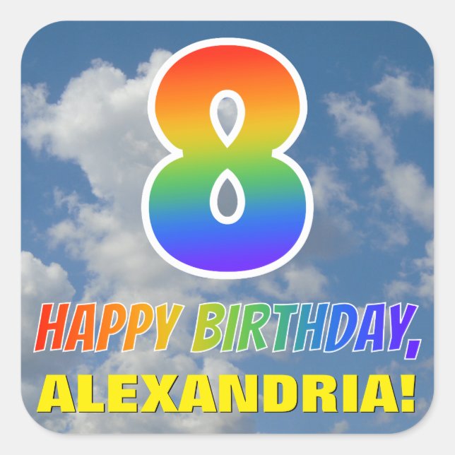 Sticker Carré Rainbow Look "8" & "HEUREUX ANNIVERSAIRE", Nuages, (Devant)