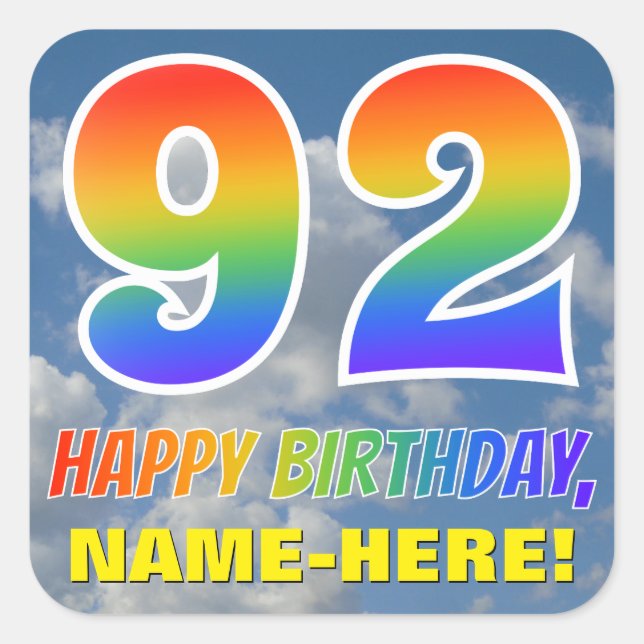 Sticker Carré Rainbow Look "92" & "HAPPY BANTHDAY", Nuages, Sky (Devant)