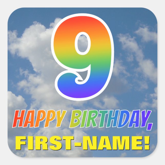 Sticker Carré Rainbow Look "9" & "HEUREUX ANNIVERSAIRE", Nuages, (Devant)