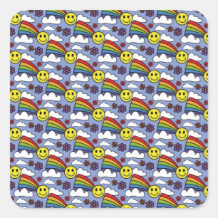 Sticker Carré Rainbow Smiley Visage et Fleurs Hippie Motif