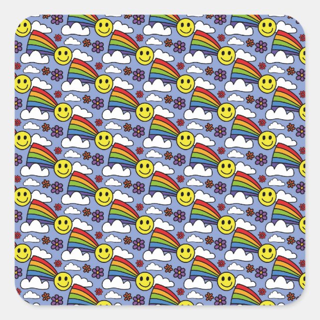 Sticker Carré Rainbow Smiley Visage et Fleurs Hippie Motif (Devant)