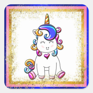 Sticker Carré Rainbow Unicorn Blue, Parties scintillant or