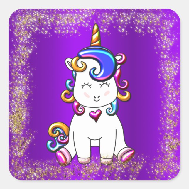 Sticker Carré Rainbow Unicorn Parties scintillant violet (Devant)