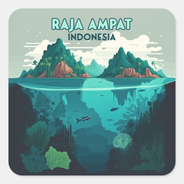 Sticker Carré Raja Ampat Indonésie Sous-marin Scuba Retro (Devant)