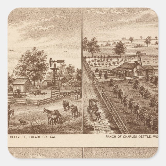 Sticker Carré Ranches, écuries, Tulare Co, Cal (Devant)