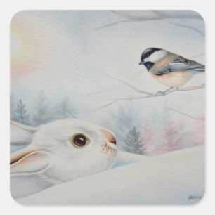 Sticker Carré Raquette à neige Rabbit & Chickadee Oiseau Aquarel