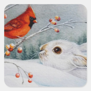 Sticker Carré Raquette à neige Rabbit & Red Cardinal Bird Aquare