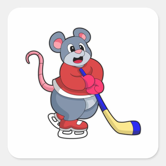 Sticker Carré Rat au hockey sur glace avec bâton de hockey sur g (Devant)