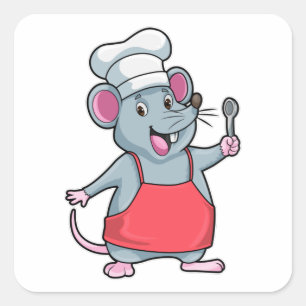 Sticker Carré Rat comme Chef avec tablier de Cuisine et cuillère