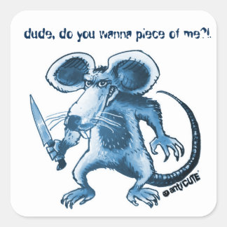 Sticker Carré rat en colère avec couteau bleu