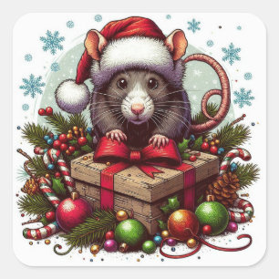 Sticker Carré Rat portant santa chapeau Noël cadeaux Art