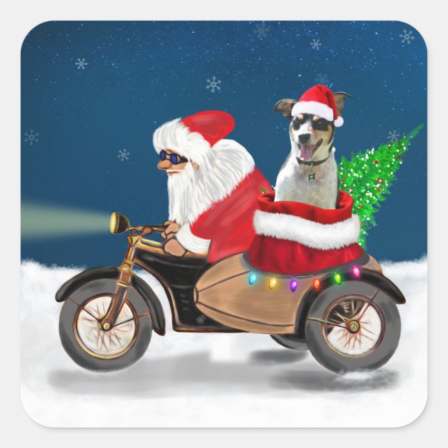 Sticker Carré Rat Terrier Chien Noël Père Noël (Devant)