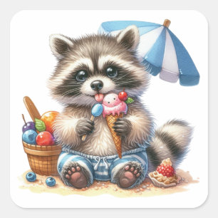 Sticker Carré Raton laveur friandises d'été