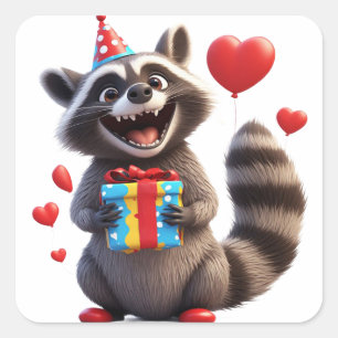 Sticker Carré 🎁 Raton laveur heureux avec ballons et cadeau