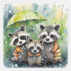 Sticker Carré Raton laveurs mignons sous la pluie