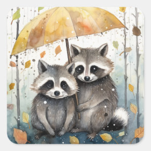 Sticker Carré Raton laveurs mignons sous la pluie