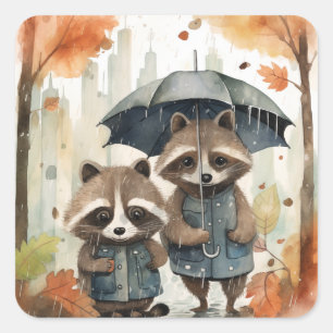 Sticker Carré Raton laveurs mignons sous la pluie